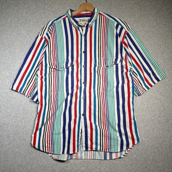 VTG Page 1 Stripe Shirt L White‎ Red Blue Green Vertical 2 Pocket Cotton Casual - Picture 1 of 7